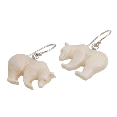 Bone dangle earrings, 'Grizzly Brothers' - Handcrafted Bone Grizzly Bear Dangle Earrings from Bali