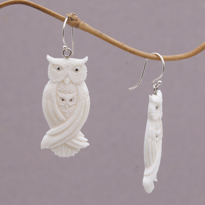 Bone dangle earrings, 'Owl Bond' - Handcrafted Bone Owl Family Dangle Earrings from Bali