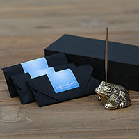 Brass incense holder set, 'Frog King II' - Handmade Brass Frog Incense Holder and Three Incense Packs