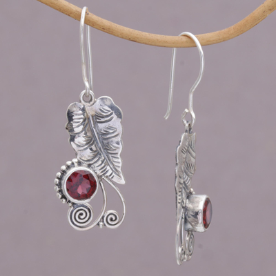 Garnet dangle earrings, 'Leaf Dew' - Garnet and Sterling Silver Leaf Dangle Earrings from Bali