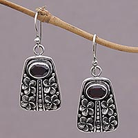 Garnet dangle earrings, 'Jepun Pura' - Garnet and Sterling Silver Floral Dangle Earrings from Bali