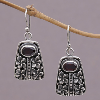 Garnet dangle earrings, 'Jepun Pura' - Garnet and Sterling Silver Floral Dangle Earrings from Bali