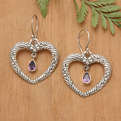 Amethyst dangle earrings, 'Heartfelt Vines' - Floral Heart Amethyst and Sterling Silver Earrings from Bali
