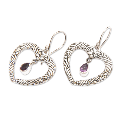 Amethyst dangle earrings, 'Heartfelt Vines' - Floral Heart Amethyst and Sterling Silver Earrings from Bali