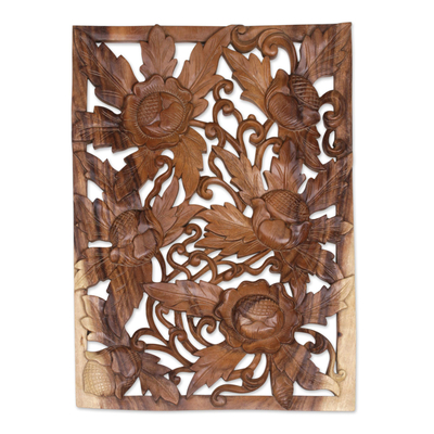 Panel en relieve de madera - Panel en relieve de madera tallado a mano con flores intrincadas de Bali