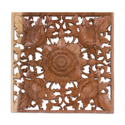 Wood relief panel, 'Blooming Symmetry' - Hand-Carved Square Floral Suar Wood Relief Panel from Bali