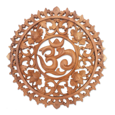 Wood relief panel, 'Floral Om Corona' - Hand-Carved Floral Om Suar Wood Relief Panel from Bali