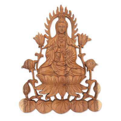 Wood relief panel, 'Kwan Im on Lotus' - Hand-Carved Buddhist Suar Wood Relief Panel from Bali