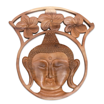 Hand-Carved Floral Buddha Suar Wood Relief Panel from Bali