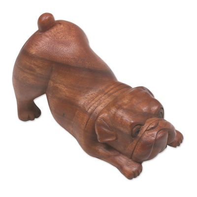 Artisan Handcrafted Suar Wood Bulldog Sculpture from Bali