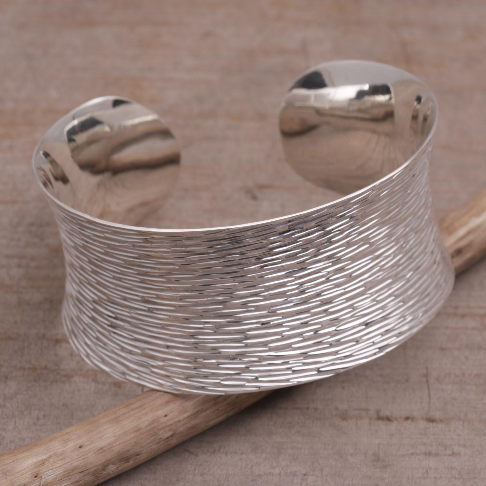 Handcrafted Etched Sterling Silver Cuff Bracelet from Bali, 'Rain Blanket'