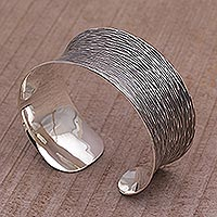 Sterling silver cuff bracelet, 'Dark Rain Blanket' - Oxidized Etched Sterling Silver Cuff Bracelet from Bali