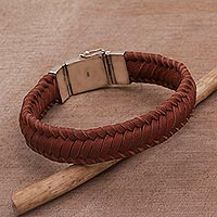 Leather wristband bracelet, 'Kintamani Weave in Brown' - Braided Leather Wristband Bracelet in Brown from Bali