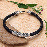 Pulsera de cuero y plata de ley - Pulsera Hecha a Mano de Cuero Negro y Plata de Ley