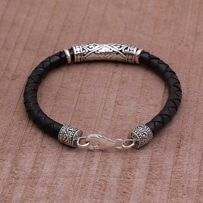 Leather and sterling silver bracelet, 'Lost Kingdom' - Handmade Black Leather and Sterling Silver Bracelet