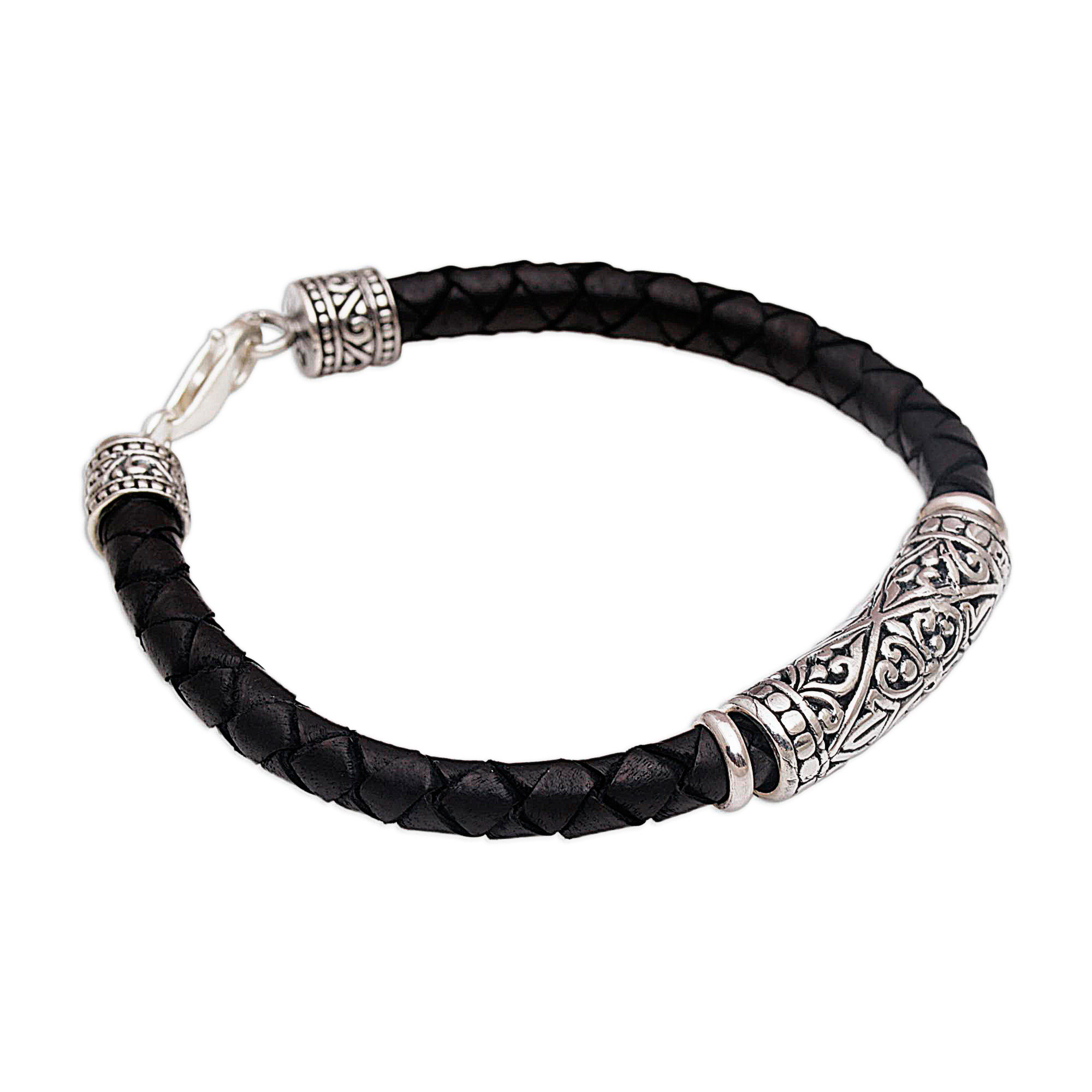 Handmade Black Leather and Sterling Silver Bracelet - Lost Kingdom | NOVICA