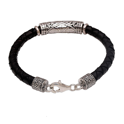 Leather and sterling silver bracelet, 'Lost Kingdom' - Handmade Black Leather and Sterling Silver Bracelet