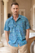 Men's batik cotton shirt, 'Ocean Waves' - Men's Short Sleeved Wave Print Cotton Shirt from Bali thumbail