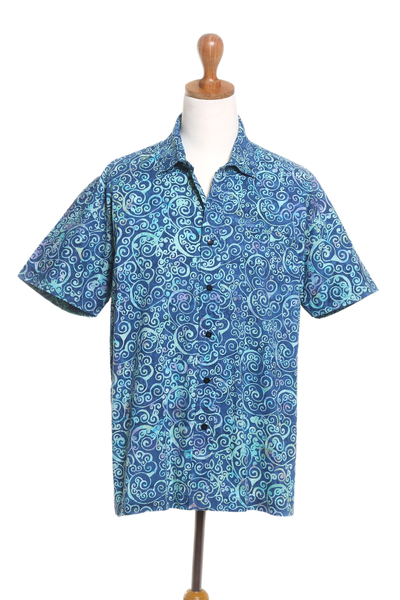 Camisa de hombre de algodón batik - Camisa de manga corta en algodón con estampado de olas para hombre de Bali