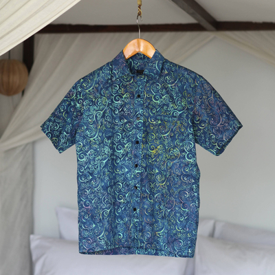 Herrenhemd aus Batik-Baumwolle - Kurzärmliges Herren-Baumwollhemd mit Wellendruck aus Bali