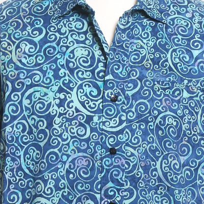 Camisa de hombre de algodón batik - Camisa de manga corta en algodón con estampado de olas para hombre de Bali