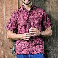 Batik-Baumwollhemd für Herren, „Indonesian Intricacy“ – kurzärmliges Herren-Baumwollhemd mit Knopfleiste