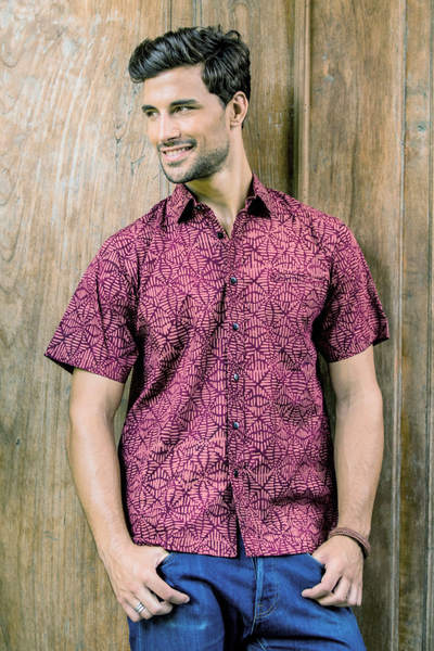 Men's Short Sleeve Button Down Cotton Shirt - Indonesian Intricacy | NOVICA