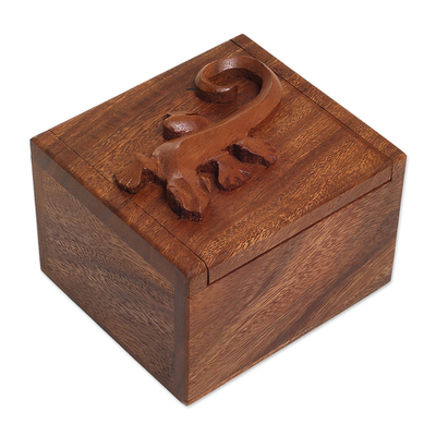Wood decorative box, 'Protective Gecko' - Handcrafted Suar Wood Gecko Decorative Box from Bali