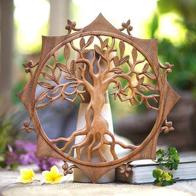 Wood relief panel, 'Sunshine Tree' - Handcrafted Circular Wood Tree Relief Panel from Bali