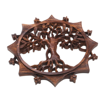 Wood relief panel, 'Sunshine Tree' - Handcrafted Circular Wood Tree Relief Panel from Bali