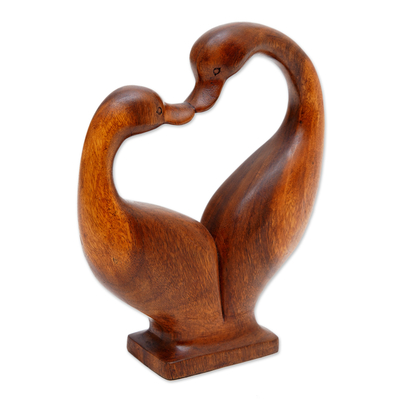 Wood sculpture, 'Swan Kiss' - Handcrafted Suar Wood Swan Couple Sculpture from Bali