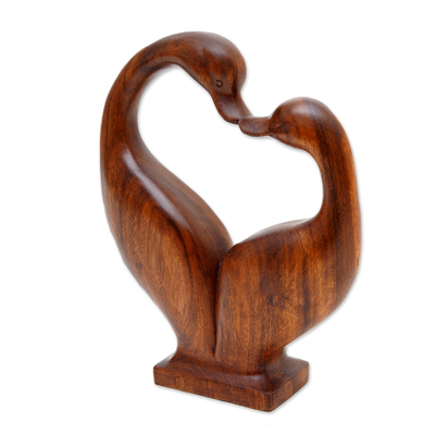 Wood sculpture, 'Swan Kiss' - Handcrafted Suar Wood Swan Couple Sculpture from Bali