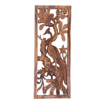 Wood relief panel, 'Peacock-Tailed Heron' - Handcrafted Suar Wood Bird-Themed Relief Panel from Bali
