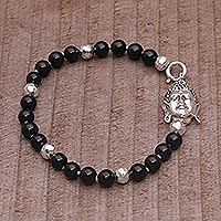 Onyx-Perlenarmband, „Buddha Orbs“ – Onyx- und Sterlingsilber-Perlen-Buddha-Armband aus Bali