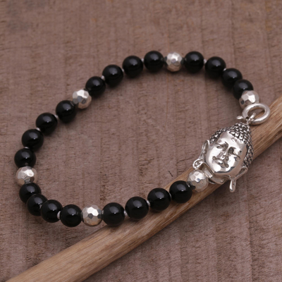 Onyx beaded bracelet, 'Buddha Orbs' - Onyx and Sterling Silver Beaded Buddha Bracelet from Bali