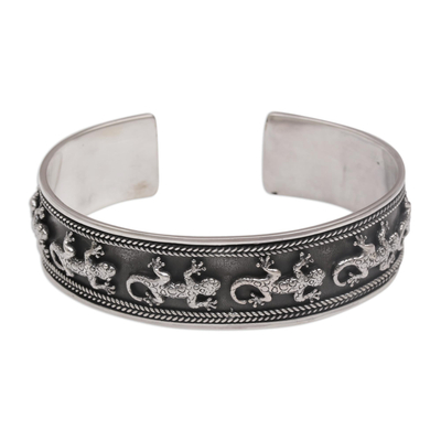 Sterling silver cuff bracelet, 'Gecko Parade' - 925 Sterling Silver Lizard Cuff Bracelet from Bali