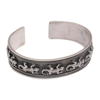 Sterling silver cuff bracelet, 'Gecko Parade' - 925 Sterling Silver Lizard Cuff Bracelet from Bali