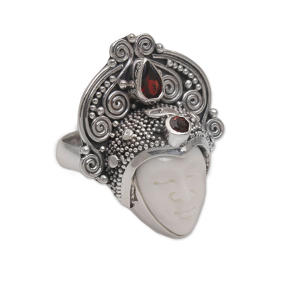 Garnet cocktail ring, 'Janger Crown' - Garnet and Sterling Silver Face Cocktail Ring from Bali