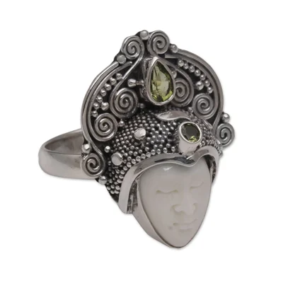 Peridot cocktail ring, 'Janger Crown' - Peridot and Sterling Silver Face Cocktail Ring from Bali