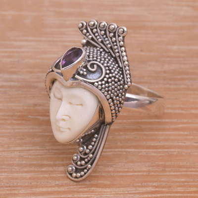 Amethyst cocktail ring, 'Peacock Prince' - Amethyst 925 Silver and Bone Face Ring from Bali