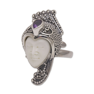 Amethyst cocktail ring, 'Peacock Prince' - Amethyst 925 Silver and Bone Face Ring from Bali