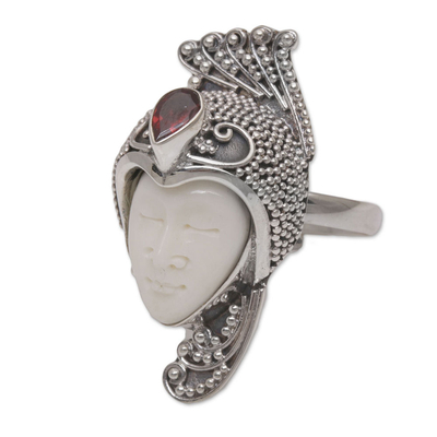 Garnet cocktail ring, 'Peacock Prince' - Garnet 925 Silver and Bone Face Cocktail Ring from Bali