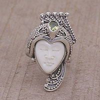 Peridot cocktail ring, 'Peacock Prince' - Peridot Sterling Silver and Bone Face Ring from Bali