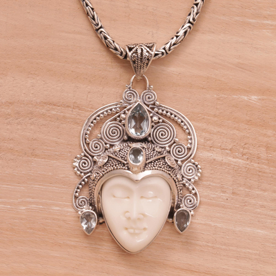 Blue topaz pendant necklace, 'Bedugul Prince' - Blue Topaz and Sterling Silver Face Necklace form Bali