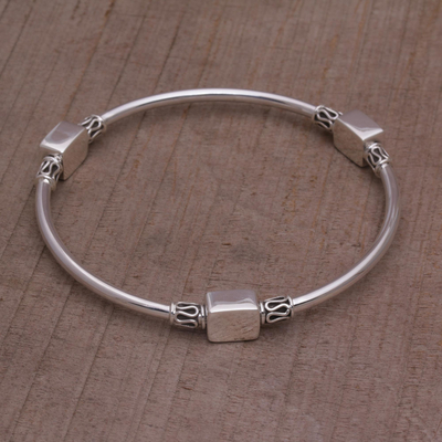 Sterling silver bangle bracelet, 'Square Reflection' - Sterling Silver Square Shape Bangle Bracelet from Bali