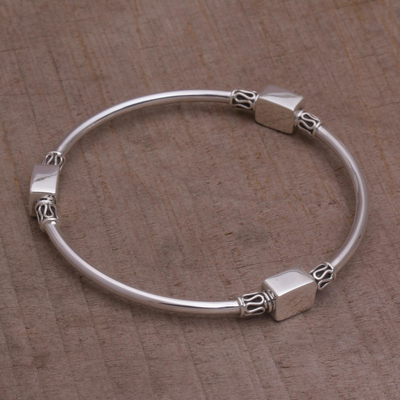 Sterling silver bangle bracelet, 'Square Reflection' - Sterling Silver Square Shape Bangle Bracelet from Bali