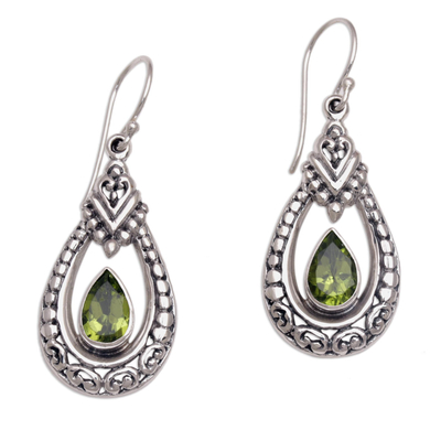 Peridot dangle earrings, 'Dewdrop Temple' - Peridot and Sterling Silver Dangle Earrings from Indonesia