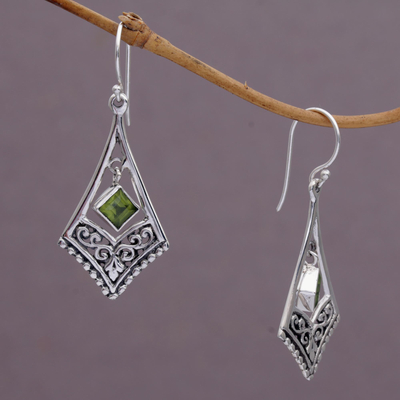 Peridot dangle earrings, 'Gianyar Dangle' - Handmade Sterling Silver Green Peridot Dangle Earrings