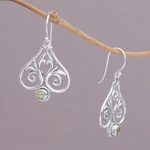 Peridot dangle earrings, 'Heart of Bali' - Peridot and Sterling Silver Heart Shaped Dangle Earrings