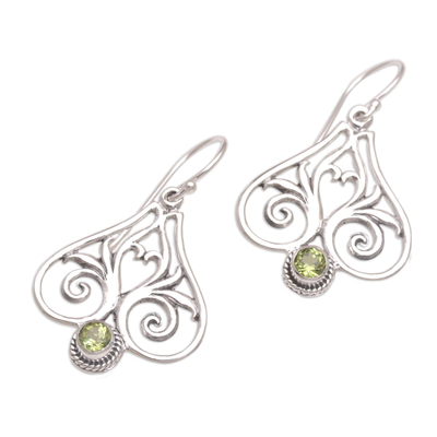 Peridot dangle earrings, 'Heart of Bali' - Peridot and Sterling Silver Heart Shaped Dangle Earrings